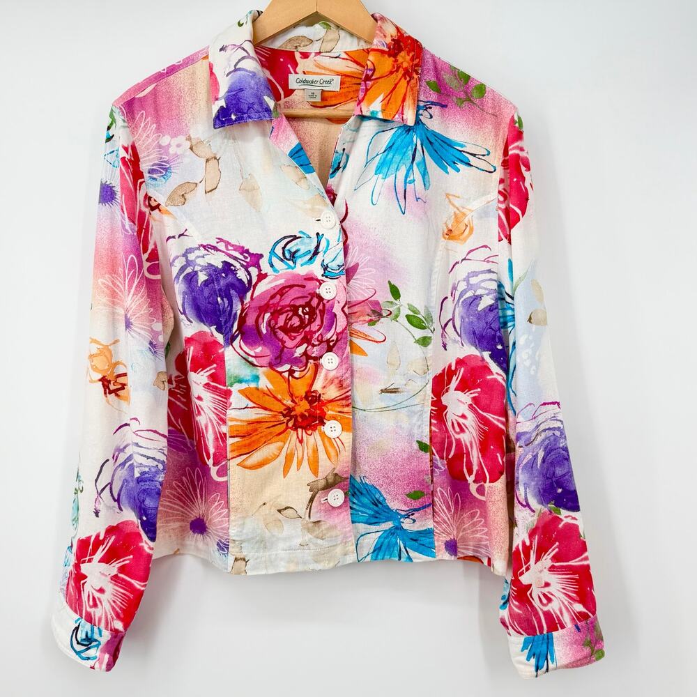 Coldwater Creek Cropped Linen Blend Floral Button Front Blouse Jacket Women’s 16
